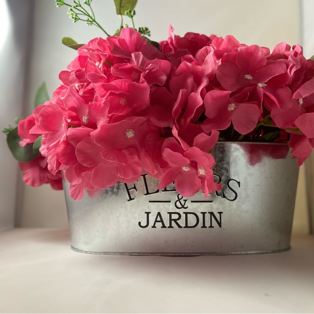 Pink Silk Floral Arrangement in Silver Planter